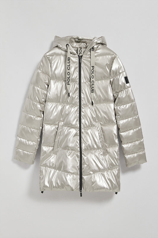 Platinum metal-effect coat Catele with fixed hood and Polo Club details