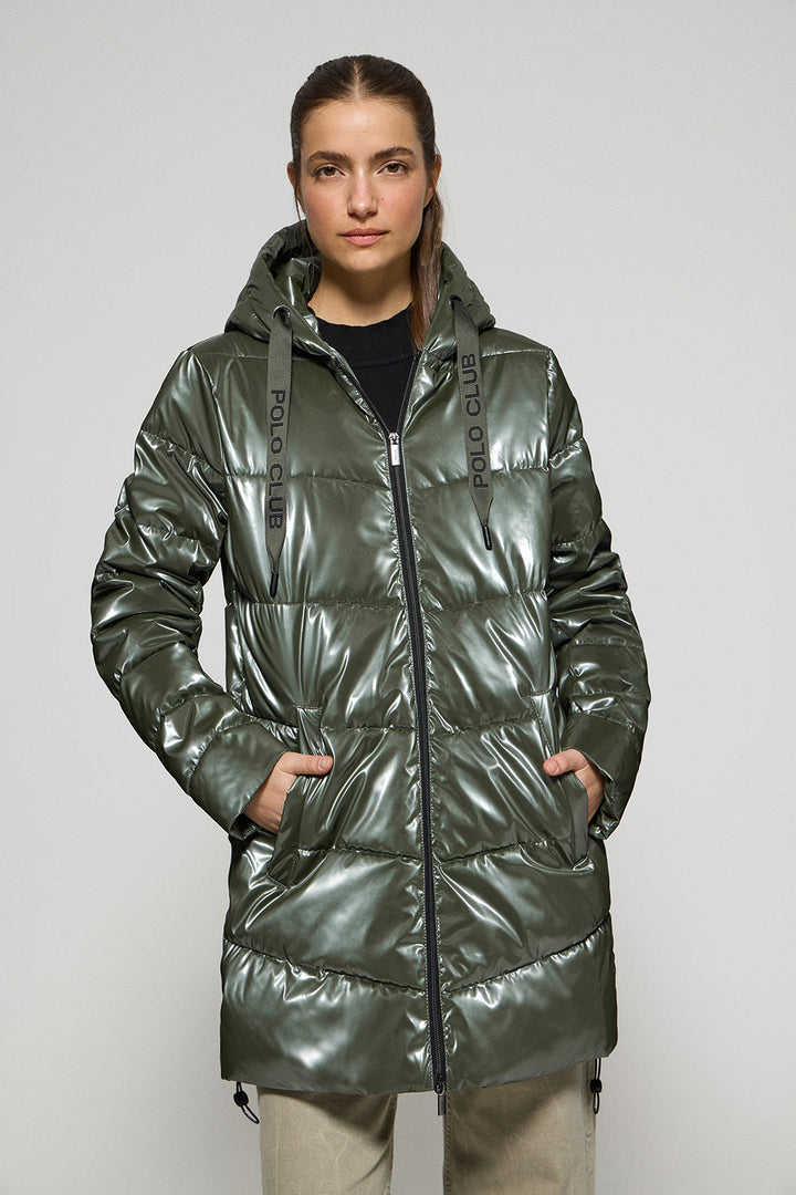 Green metal-effect coat Catele with fixed hood and Polo Club details