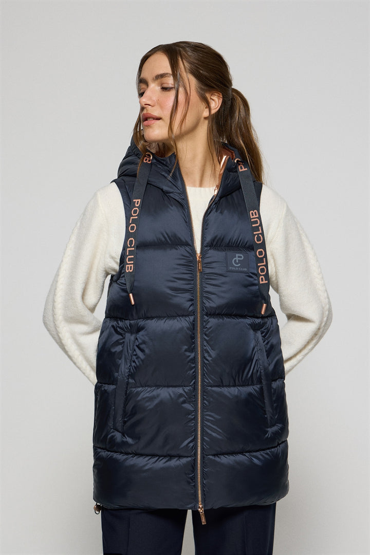 Navy-blue puffer vest Ice with fixed hood and Polo Club details