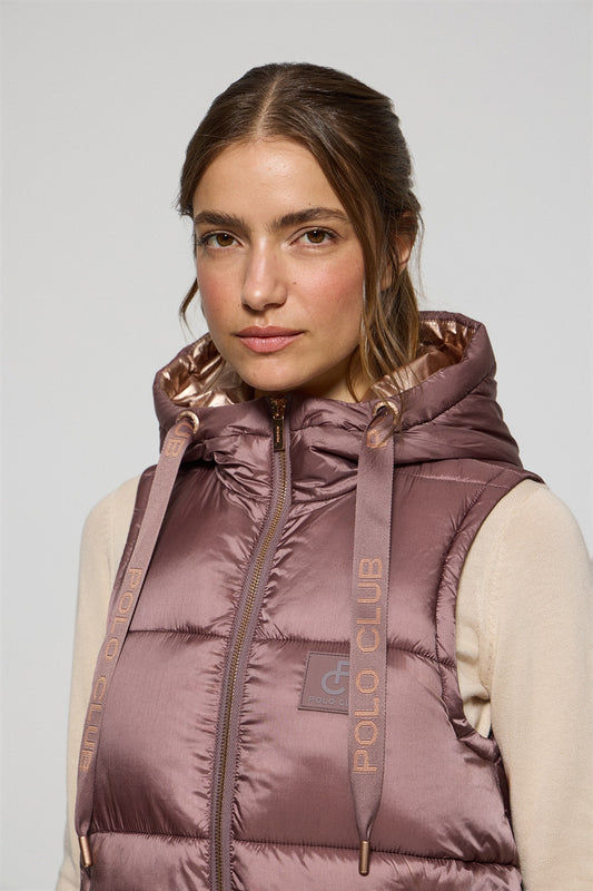 Taupe-pink puffer vest Ice with fixed hood and Polo Club details