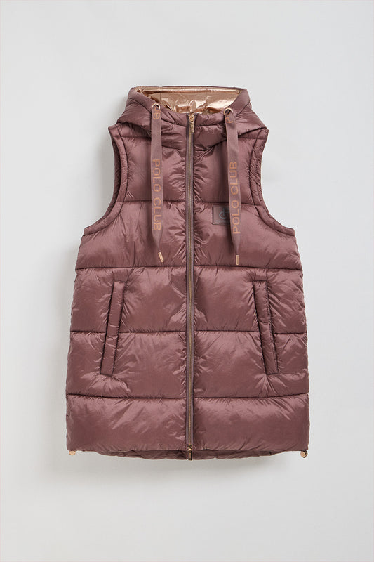 Taupe-pink puffer vest Ice with fixed hood and Polo Club details