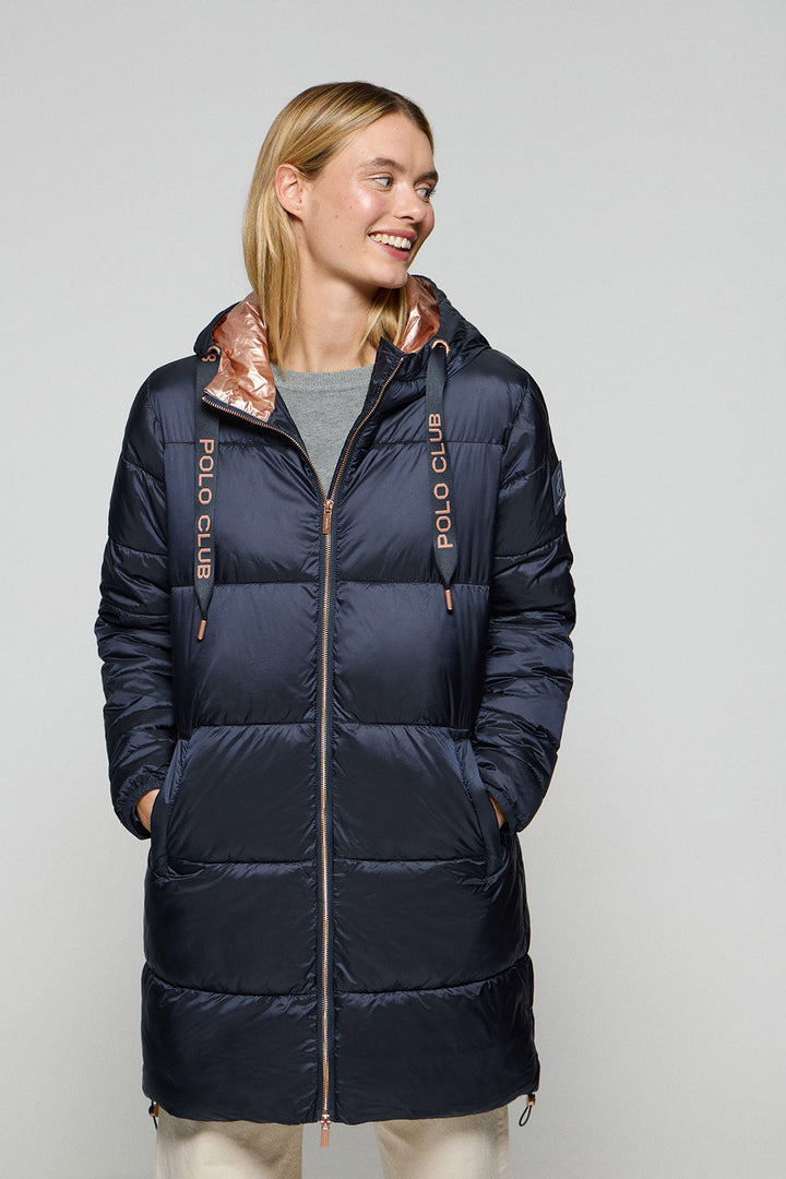 Navy-blue long puffer coat Rose with fixed hood and Polo Club details