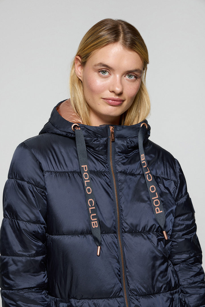 Navy-blue long puffer coat Rose with fixed hood and Polo Club details