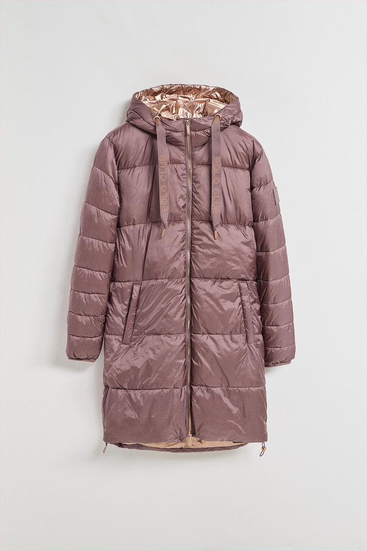 Taupe-pink long puffer coat Rose with fixed hood and Polo Club details