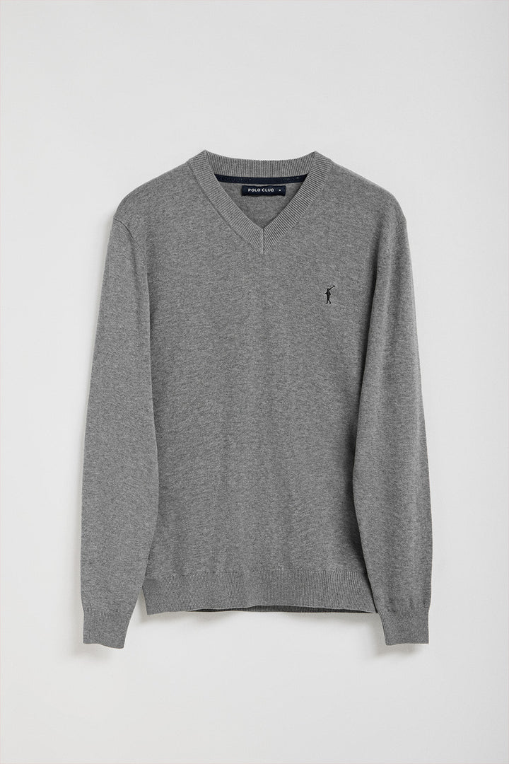 Grey-marl V-neck knit jumper with Rigby Go embroidery