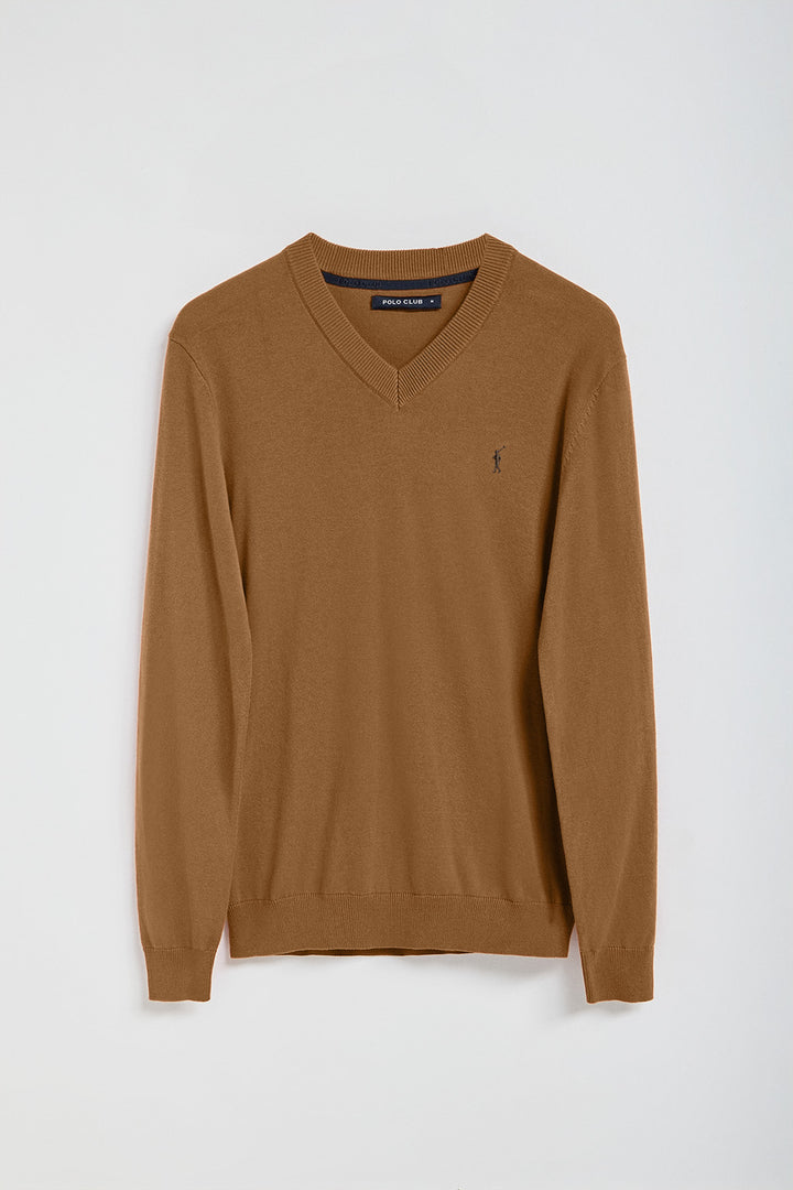 Camel V-neck knit jumper with Rigby Go embroidery