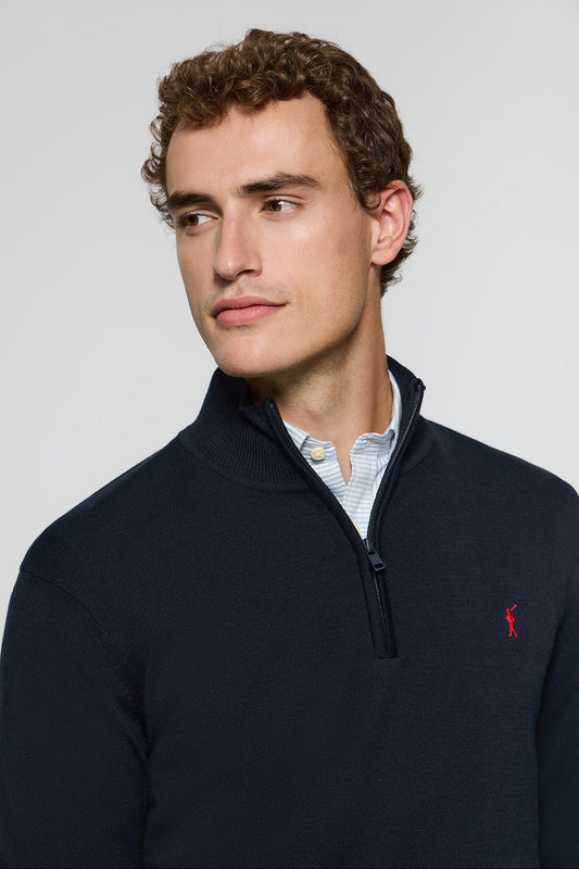 Navy-blue half-zip knit jumper with Rigby Go embroidered logo