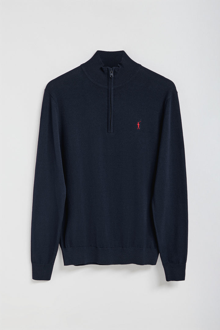 Navy-blue half-zip knit jumper with Rigby Go embroidered logo