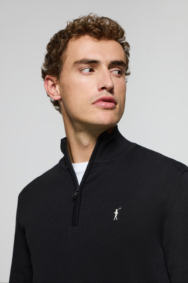 Black half-zip knit jumper with Rigby Go embroidered logo