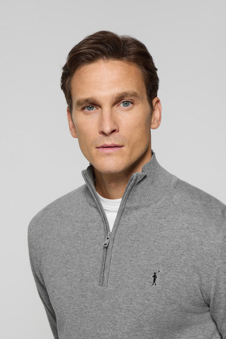 Grey-marl half-zip knit jumper with Rigby Go embroidered logo