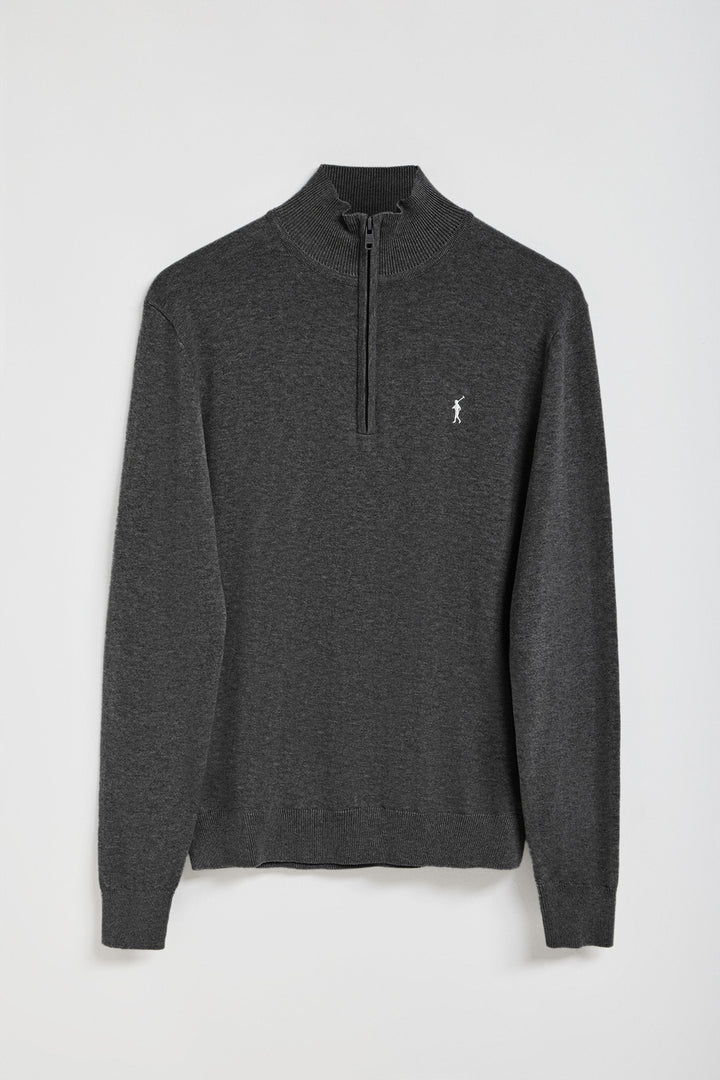 Dark-grey-marl half-zip knit jumper with Rigby Go embroidered logo