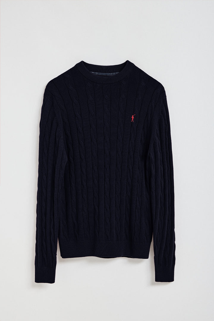 Navy-blue cable-knit jumper with Rigby Go logo