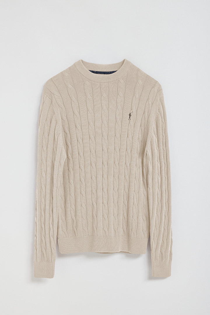 Beige cable-knit jumper with Rigby Go logo