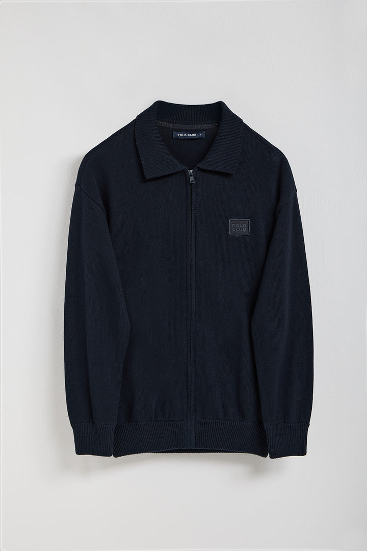 Navy-blue knit cardigan with Polo Club logo