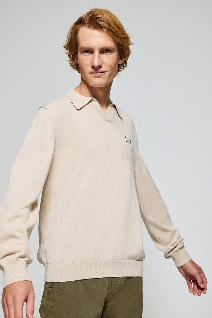 Beige polo V-neck knit jumper Martin with Polo Club detail