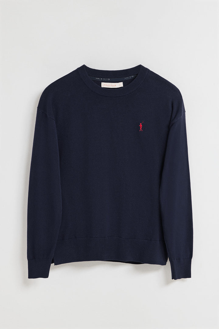 Navy-blue round-neck knit jumper with Rigby Go embroidered logo