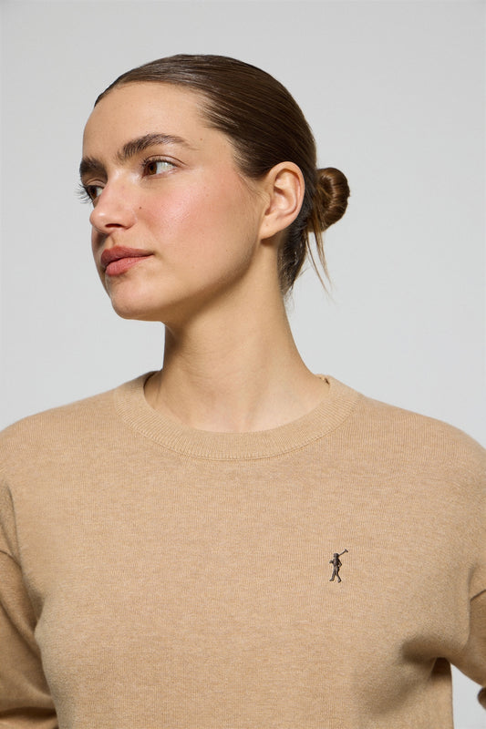 Caramel-marl round-neck knit jumper with Rigby Go embroidered logo