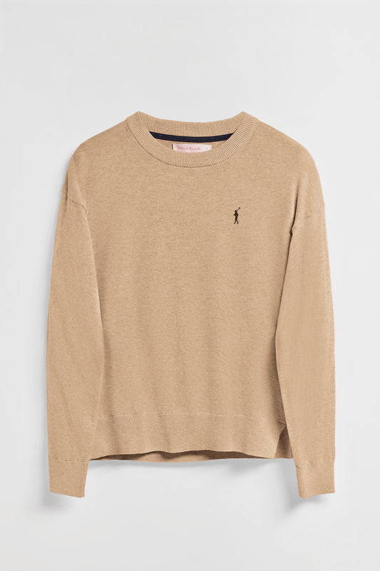 Caramel-marl round-neck knit jumper with Rigby Go embroidered logo