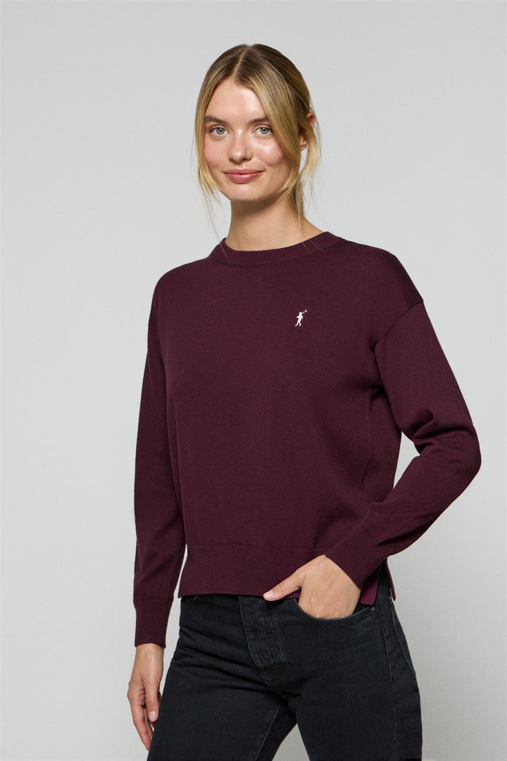 Plum round-neck knit jumper with Rigby Go embroidered logo