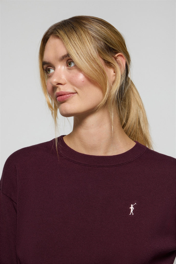 Plum round-neck knit jumper with Rigby Go embroidered logo