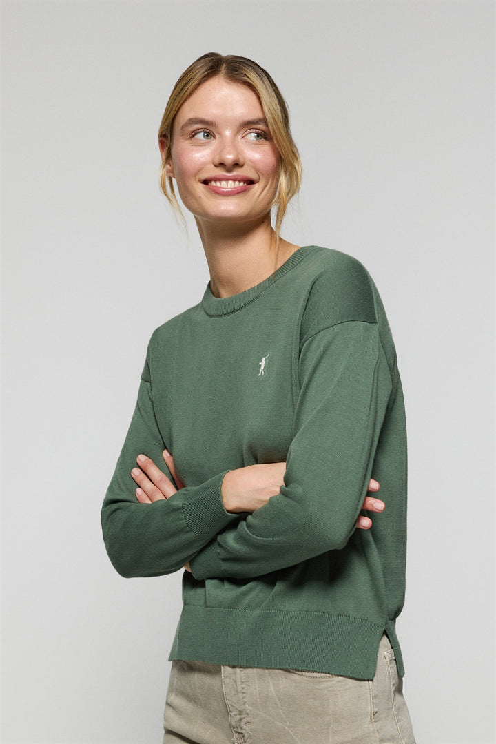 Green round-neck knit jumper with Rigby Go embroidered logo