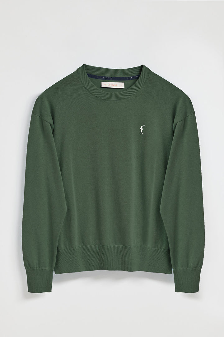 Green round-neck knit jumper with Rigby Go embroidered logo