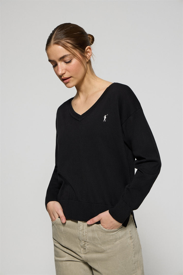 Black V-neck knit jumper with Rigby Go embroidered logo