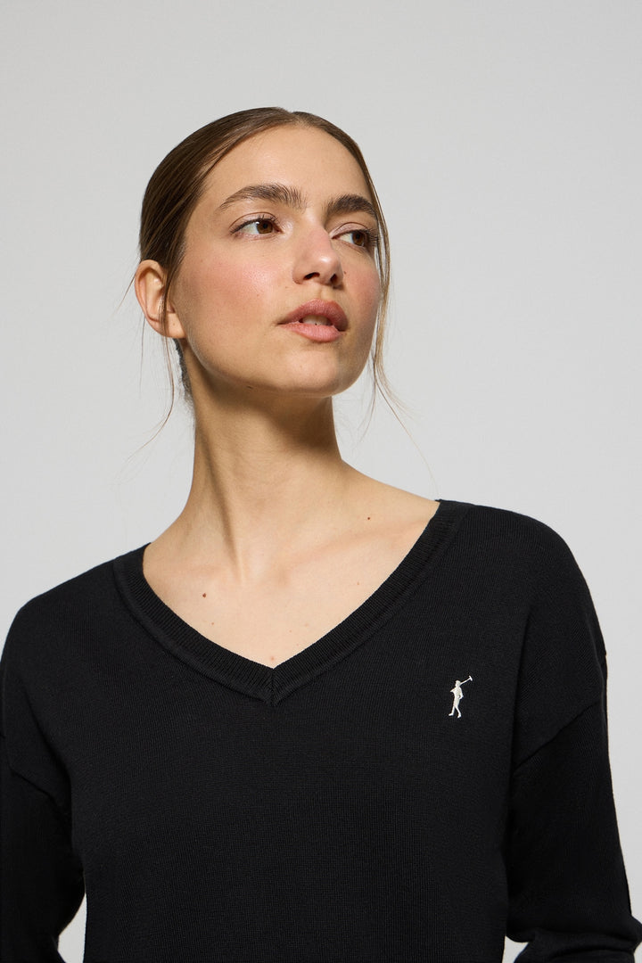 Black V-neck knit jumper with Rigby Go embroidered logo