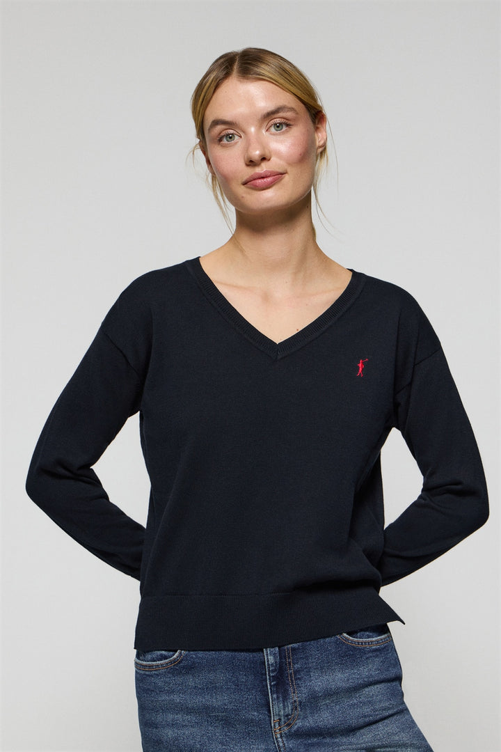 Navy-blue V-neck knit jumper with Rigby Go embroidered logo