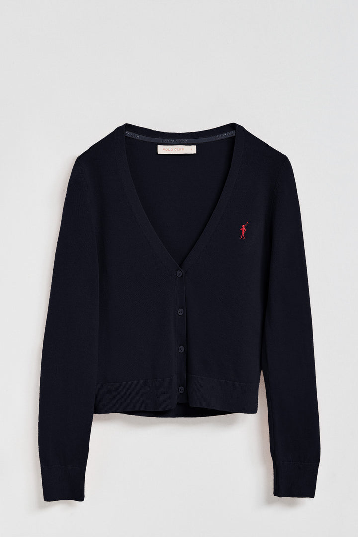 Navy-blue V-neck buttoned knit cardigan with Rigby Go logo