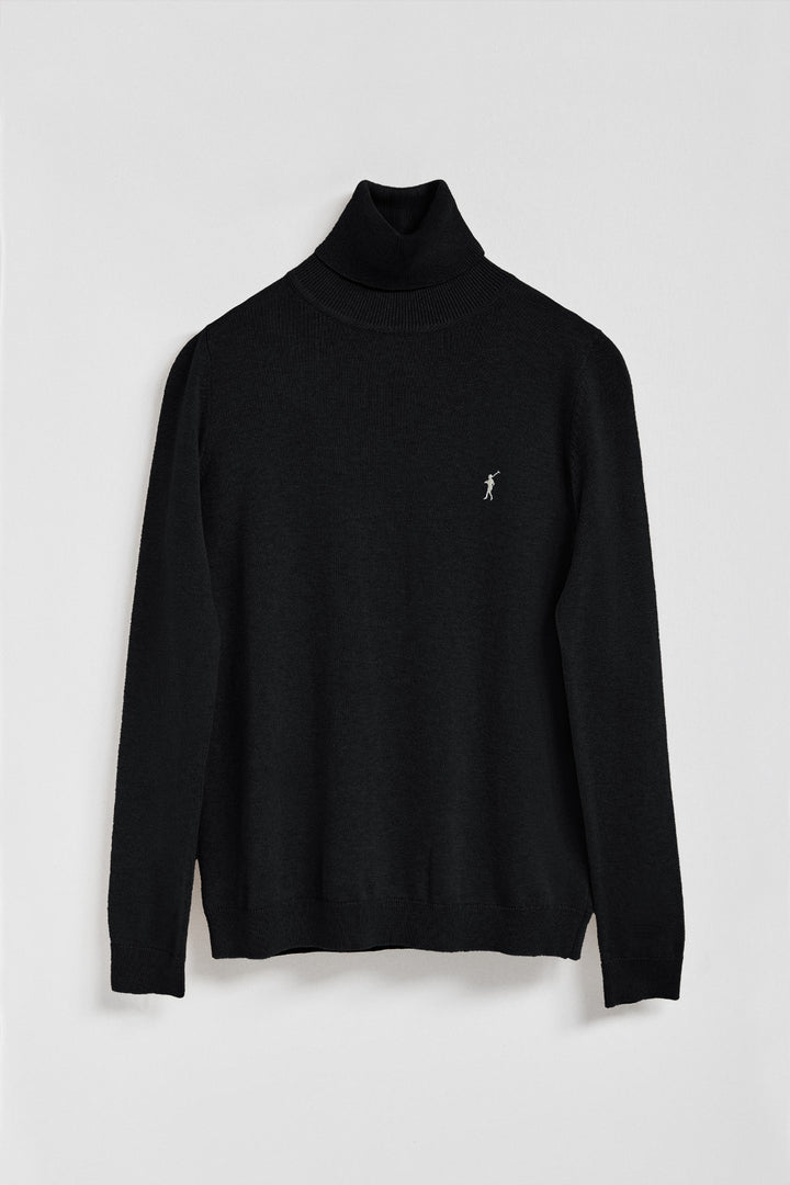 Black turtleneck knit jumper with Rigby Go embroidered logo