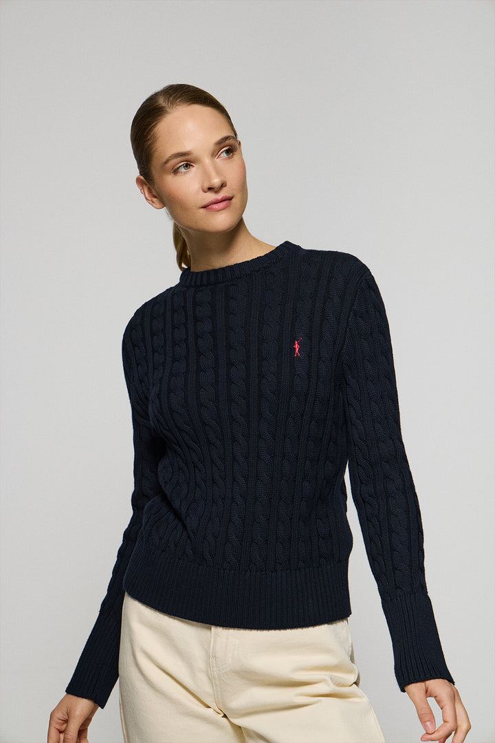 Navy-blue cable-knit jumper with Rigby Go embroidered logo