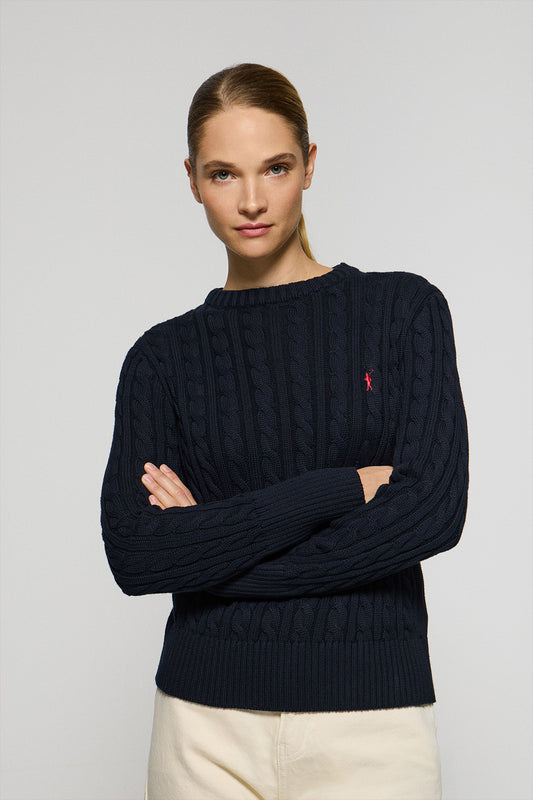 Navy-blue cable-knit jumper with Rigby Go embroidered logo