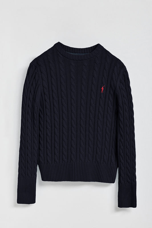 Navy-blue cable-knit jumper with Rigby Go embroidered logo