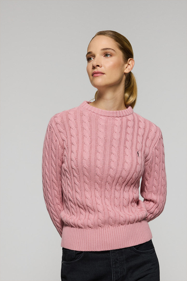 Pink cable-knit jumper with Rigby Go embroidered logo