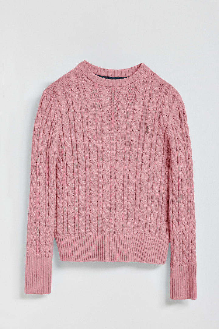 Pink cable-knit jumper with Rigby Go embroidered logo