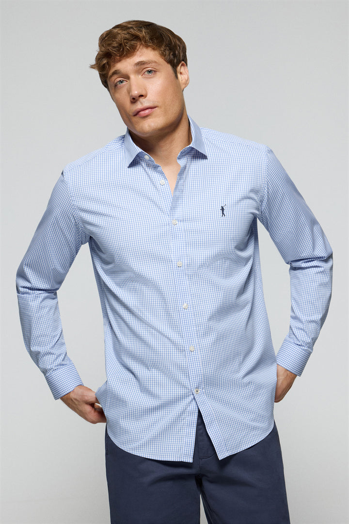 Blue vichy-check slim-fit shirt with Rigby Go embroidered logo