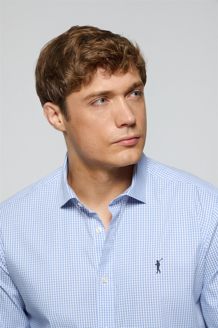 Blue vichy-check slim-fit shirt with Rigby Go embroidered logo