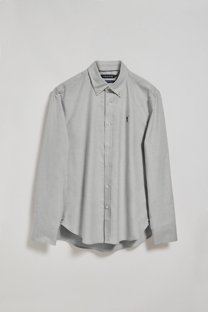 Greyish-green Oxford shirt with Rigby Go embroidered logo