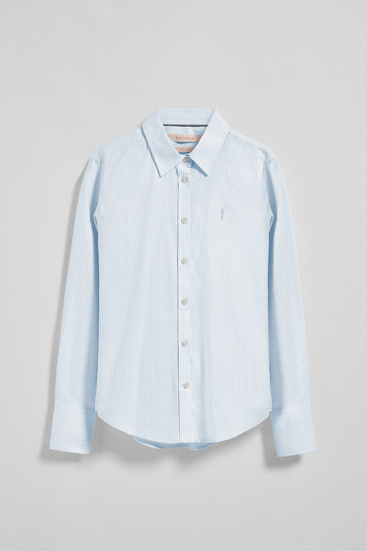 Blue striped Oxford shirt with Rigby Go logo