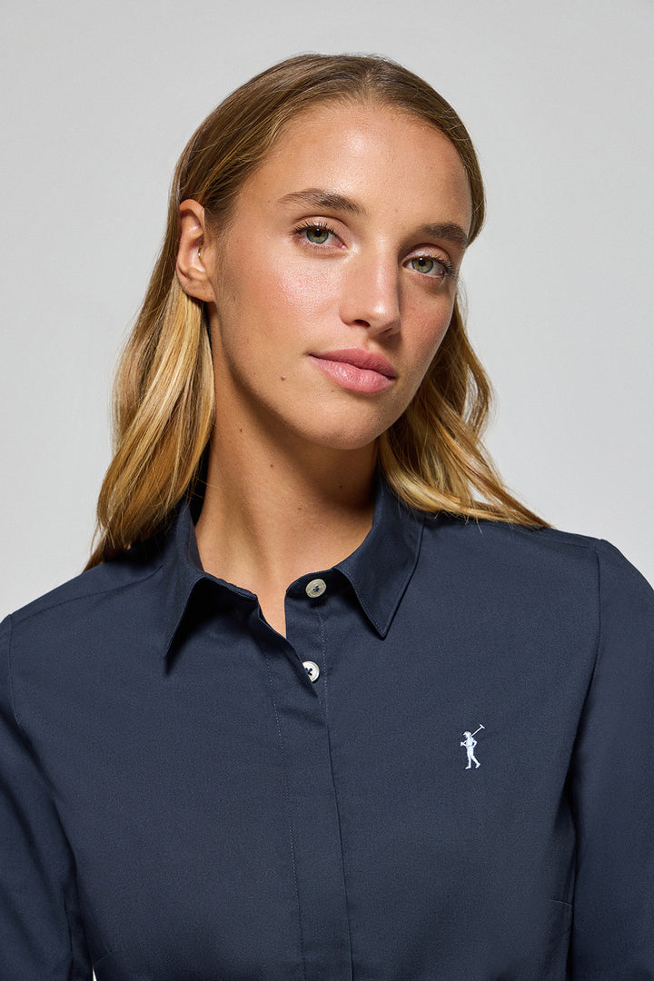 Navy-blue slim-fit poplin shirt with Rigby Go embroidered logo