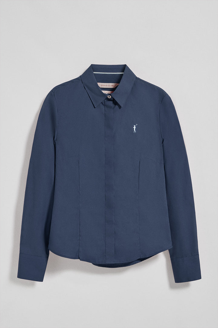 Navy-blue slim-fit poplin shirt with Rigby Go embroidered logo