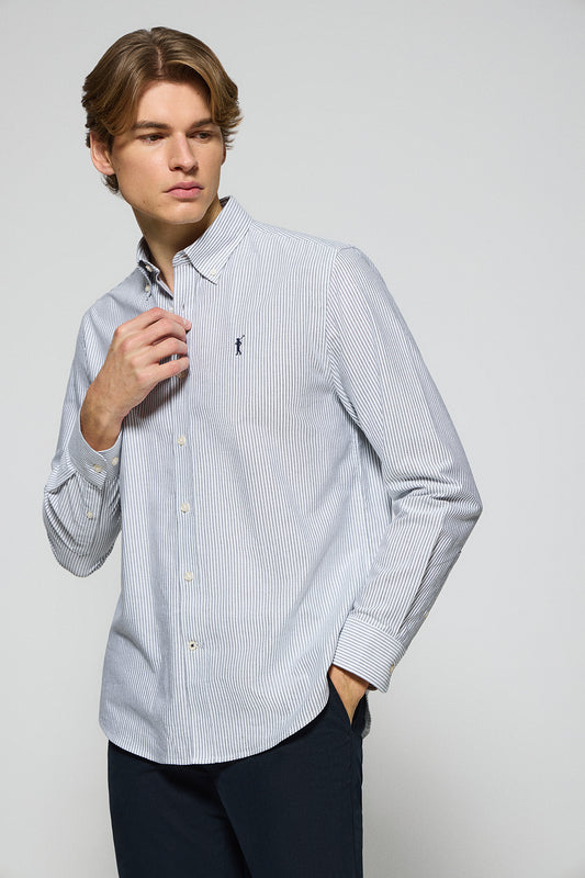 Blue striped Oxford shirt with Rigby Go embroidered logo