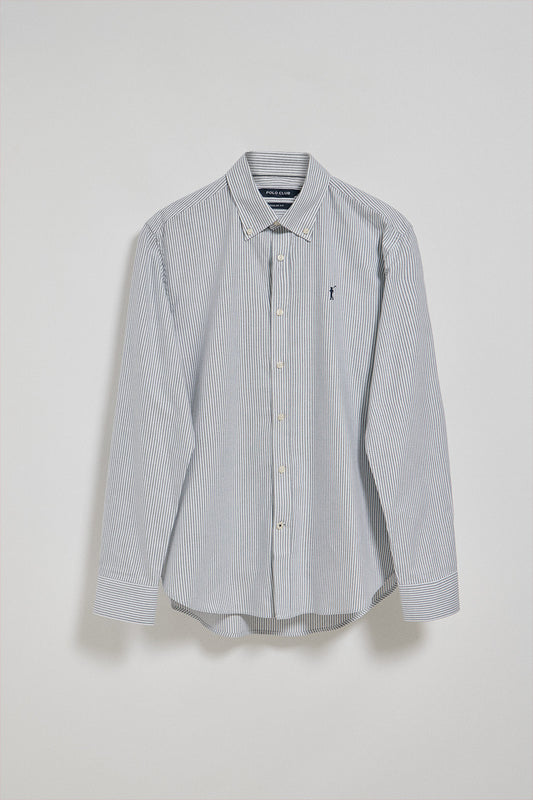 Blue striped Oxford shirt with Rigby Go embroidered logo