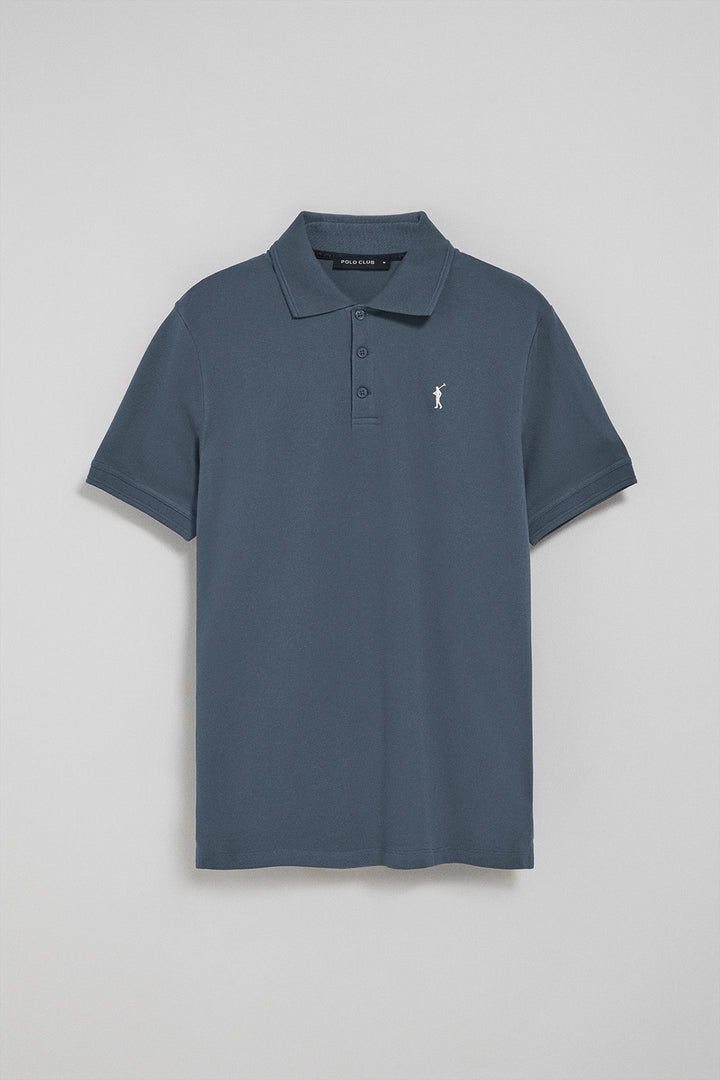 Denim-blue polo shirt with three buttons and Rigby Go embroidered logo