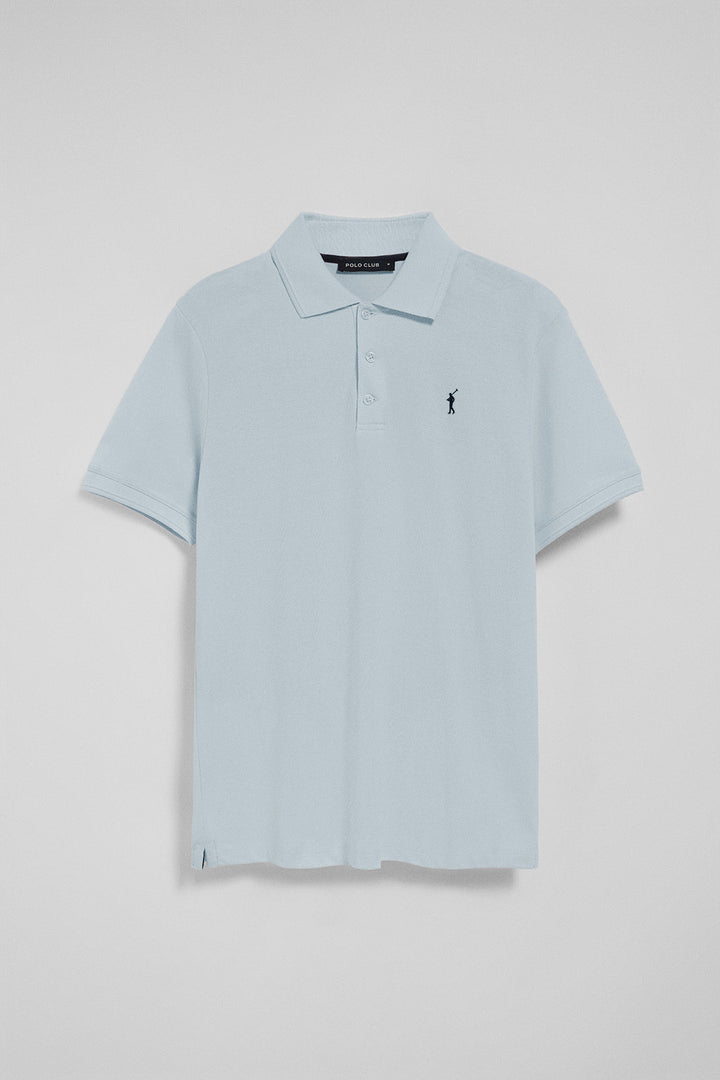 Light-blue polo shirt with three buttons and Rigby Go embroidered logo