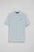 Light-blue polo shirt with three buttons and Rigby Go embroidered logo