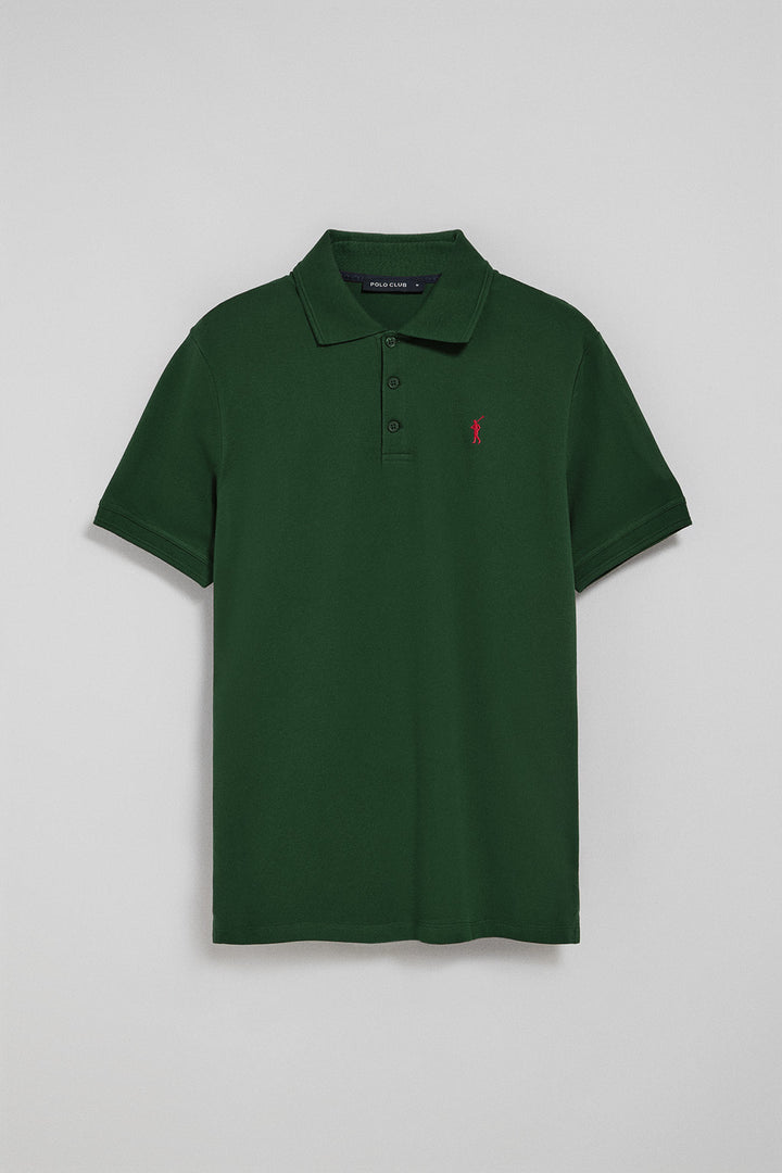 Bottle-green polo shirt with three buttons and Rigby Go embroidered logo