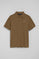 Brown polo shirt with three buttons and Rigby Go embroidered logo