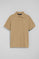 Camel polo shirt with three buttons and Rigby Go embroidered logo